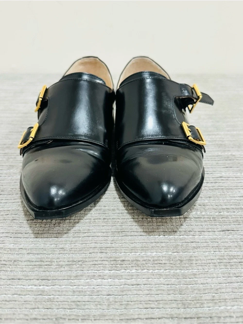 Suecomma Bonnie Black‎ Leather Double Monk Strap Flats Shoes - Size 6